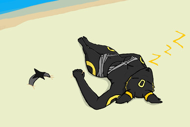 anthro bandage beach breasts calm crown eyes_closed female headgear lying relaxing sand sleeping solo sound_effects vowelless vowelless_sound_effect zzz xerg-7 nintendo pokemon kata_(xerg-7) eeveelution generation_2_pokemon pokemon_(species) umbreon