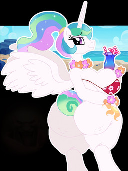 anthro big_breasts big_butt breasts butt cutie_mark feathered_wings feathers female flower_bow flower_necklace fur hair holding_cocktail horn huge_butt looking_at_viewer looking_back looking_back_at_viewer multicolored_hair ponytail purple_eyes rear_view smile solo thick_thighs white_body white_feathers white_fur wide_hips wings mschaox6 friendship_is_magic hasbro my_little_pony mythology princess_celestia_(mlp) equid equine mammal mythological_creature mythological_equine winged_unicorn hi_res