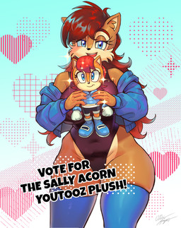 advertisement anthro big_breasts blue_eyes breasts camel_toe cheek_tuft clitoris_outline clothing colored_nails curvy_figure eyelashes facial_tuft female fingernails hair holding_object inner_ear_fluff jacket legwear leotard long_hair nails plushie red_hair solo sparkles thick_thighs thigh_highs topwear tuft unitard wide_hips azul35art archie_comics sega sonic_the_hedgehog_(archie) sonic_the_hedgehog_(comics) sonic_the_hedgehog_(series) youtooz sally_acorn sally_acorn_(post-sgw) ground_squirrel mammal rodent sciurid 2026 absurd_res digital_drawing_(artwork) digital_media_(artwork) hi_res