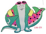 :3 anthro bodily_fluids eyewear eyewear_on_head fanning fanning_self male solo sunglasses sunglasses_on_head sweat watermelon_pattern saba_subdup nintendo splatoon big_man_(splatoon) fish manta_ray marine ray_(fish) stingray