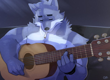 acoustic_guitar anthro cigarette eyes_closed fur guitar male muscular musical_instrument playing_guitar playing_music plucked_string_instrument smoke smoking string_instrument cilok canid canine canis mammal wolf 2021 digital_media_(artwork) hi_res