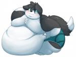 anthro black_nose bottomwear chest_tuft clothed clothing female fur heterochromia holding_belly morbidly_obese morbidly_obese_anthro morbidly_obese_female obese obese_anthro obese_female overweight overweight_anthro overweight_female shorts solo topless tuft yosioka_san canid canine canis domestic_dog mammal 2017 4:3