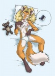 2005 anthro bed belly biped blonde_hair bodily_fluids breasts canid canine chest_tuft clothed clothing digital_media_(artwork) earbuds electronics female fox fur furniture genital_fluids hair headphones lying mammal masturbation nipples on_bed panties self_taste solo tongue tongue_out topless tuft underwear vaginal_fluids white_belly wolfy-nail