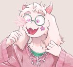 anthro clothing eyewear femboy feminine glasses horn jewelry male necklace open_mouth pink_clothing round_glasses solo sticker stickers_on_body mynameiscomic deltarune undertale_(series) ralsei arthropod bovid butterfly caprine goat insect lepidopteran mammal hi_res