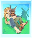 5_toes anthro blep blonde_hair breasts brown_body brown_fur clothing duo feet female female/female fur grass hair hug humanoid_feet muscular muscular_anthro muscular_female overalls pawpads plant plantigrade pupils short_hair soles square_pupils tan_body tan_fur toes tongue tongue_out under_boob unusual_pupils windmill pizzacat dog_knight_rpg jeane_(ceehaz) rory_(ceehaz) bird_dog canid canine canis dobermann domestic_dog golden_retriever hunting_dog mammal pinscher retriever 2021 absurd_res hi_res