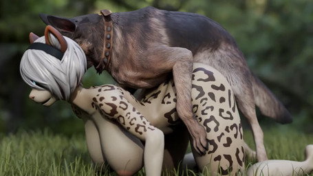 all_fours alternate_species animal_genitalia animal_penis anthro anthro_on_feral arched_back bestiality big_breasts breasts canine_genitalia canine_penis doggystyle duo female feral from_behind_position furrification genitals huge_breasts interspecies male male/female outside outside_sex penis realistic_feral sex wide_hips sello3d mayosplash_(modeler) nier_automata platinumgames yorha_2b canid canine canis domestic_dog felid feline jaguar mammal pantherine snow_leopard animated blender_(artwork) blender_cycles_(artwork) digital_media_(artwork) hi_res no_sound short_playtime video
