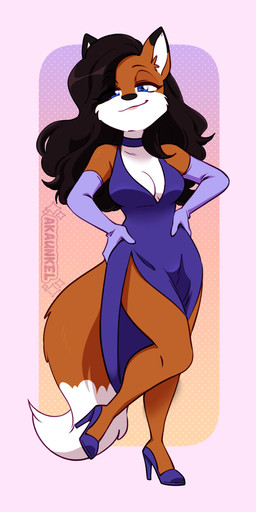 anthro bottomwear brown_hair clothed clothing dress female footwear fur hair high_heels multicolored_body multicolored_fur red_body red_fur shoes solo tail text two_tone_body two_tone_fur akaunkel barkpark_girls artemis_(barkpark_girls) canid canine canis fox mammal 1:2 digital_media_(artwork) hi_res signature
