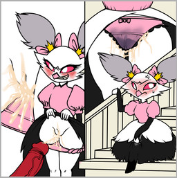 age_difference anthro blush blush_lines blushing_profusely bodily_fluids border clothing cross-popping_vein cum cum_in_clothing cum_in_panties cum_in_underwear cum_smuggling duo eyelashes facial_tuft female genital_fluids genitals grey_border loli long_eyelashes male male/female panties penis pigtails size_difference stairs sweat tuft underwear vulva x-ray_view young crossman hellaverse helluva_boss stella_(helluva_boss) avian bird demon imp owl owl_demon