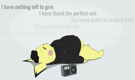 anthro belly black_hair bottomless bottomless_anthro clothed clothing depression electronics hair hoodie lying lyrics male moobs music narrowed_eyes neo_pichu_(grimitous) on_back radio solo thick_thighs topwear yellow_body conditional_dnp erobos breaking_benjamin nintendo pokemon generation_2_pokemon mammal pichu pokemon_(species) rodent absurd_res hi_res