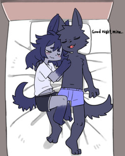 anthro bed bedding biped bird's-eye_view blue_body blue_fur bottomwear boxers_(clothing) cheek_tuft clothed clothed_anthro clothed_female clothed_male clothing dog_tail duo facial_tuft female fully_clothed fully_clothed_anthro fully_clothed_female fur fur_tuft furniture gloves_(marking) grey_body grey_fur grey_hair hair head_tuft high-angle_view hug hugging_another leg_markings light_blush lying lying_on_bed male markings on_bed pillow plantigrade shirt shorts sleeping sleeping_together slim slim_anthro slim_female slim_male socks_(marking) topless topless_anthro topless_male topwear tuft underwear young pizademokttero mini_(puppy_in_space) nifram_logan canid canine canis mammal wolf 2024 4:5 absurd_res digital_drawing_(artwork) digital_media_(artwork) hi_res