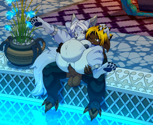 3_toes 4_fingers 4_toes anklet anthro anthro_on_anthro anthro_penetrated anthro_penetrating anthro_penetrating_anthro areola balls barbell_piercing belly big_balls big_belly big_breasts big_penis black_areola black_nipples black_nose black_vulva blep blonde_hair blue_body blue_fur blue_nose blue_pawpads breasts claws clitoris clitoris_piercing duo feet female female_penetrated finger_claws fingers frenum_piercing fur genital_piercing genitals grin hair hindpaw humanoid_hands interspecies interspecies_pregnancy jewelry male male/female male_penetrating male_penetrating_female navel nipple_barbell nipple_piercing nipples nude nude_anthro nude_female nude_male outie_navel pawpads paws penetration penile penile_penetration penis penis_in_vagina penis_piercing piercing pregnant pregnant_anthro pregnant_female pregnant_sex red_body red_fur sex silver_(metal) silver_anklet silver_jewelry sitting smile spread_legs spreading tail toe_claws toes tongue tongue_out vaginal vaginal_penetration vulva water white_hair cheese_cake blizzard_entertainment guild_wars warcraft kajjex asura canid mammal vulpera crossover hi_res story story_in_description