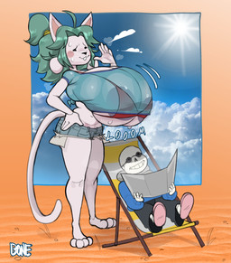 ahoge anthro areola areola_slip barefoot beach_chair big_breasts black_bottomwear black_clothing black_pants blue_clothing blue_shirt blue_sweatshirt blue_topwear blush blush_stickers bodily_fluids bone bottomwear breasts clothed clothed_anthro clothed_female clothed_humanoid clothed_male clothing cloud daisy_dukes denim denim_bottomwear denim_clothing denim_shorts dot_eyes duo eyewear fanning fanning_self feet female goggles green_hair grin hair hand_on_hip hotpants huge_breasts hyper hyper_breasts larger_anthro larger_female male midriff motion_lines navel outside pants red_bikini_top sand shirt shorts simple_eyes size_difference skeleton smaller_humanoid smaller_male smile sun sun_reflector sweat sweaty_breasts sweaty_face tail topwear translucent translucent_clothing translucent_shirt translucent_topwear under_boob thebonezonedeluxe undertale undertale_(series) sans_(undertale) temmie_(undertale) animated_skeleton canid felid humanoid mammal tem undead 2025 absurd_res hi_res