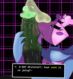 anthro big_penis black_body blush blush_stickers bodily_fluids cape clothing condom crown cum dialogue duo eyelashes female filled_condom genital_fluids genitals green_condom headgear holding_penis kiss_mark licking long_eyelashes male male/female oral penile penis penis_lick pink_body sex sexual_barrier_device text text_box tongue smolreapy deltarune undertale_(series) ralsei virogina bovid caprine darkner goat mammal virovirokun english_text hi_res