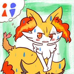 ambiguous_anthro ambiguous_gender anthro biped blush bodily_fluids dipstick_tail emanata food gloom_lines markings object_in_tail omorashi open_mouth shrimp_(food) simple_background snout solo standing sweat sweatdrop tail tail_markings thought_bubble annyui0611 nintendo pokemon braixen canid generation_6_pokemon mammal pokemon_(species) 1:1 2022 digital_drawing_(artwork) digital_media_(artwork) half-length_portrait hi_res japanese_description portrait translated_description
