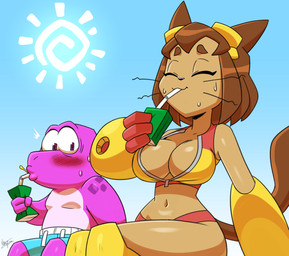 anthro beverage bikini black_nose blush bodily_fluids breasts brown_hair cleavage clothed clothed_anthro clothed_female clothed_male clothing drinking duo eyebrows eyelashes eyes_closed eyewear eyewear_on_head female female_anthro goggles goggles_on_head hair holding_beverage holding_object juice_(beverage) juice_box male male_anthro navel purple_eyes short_hair sweat sweatdrop sweaty_face swimming_trunks swimwear tail two-piece_swimsuit unzipped whiskers zipper zipper_bikini aeolus06 gameoverse glitch_productions gobbles_(gameoverse) kit_bodega dinosaur domestic_cat felid feline felis mammal prehistoric_species reptile scalie 2026 digital_media_(artwork) hi_res
