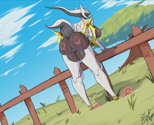anthro big_breasts big_butt black_body breasts butt cloud female fence genitals grass grey_body huge_breasts huge_butt nude plant rear_view red_eyes sky solo thick_thighs tree vulva wide_hips yellow_sclera michi_plaga nintendo pokemon arceus generation_4_pokemon legendary_pokemon pokemon_(species) hi_res