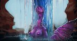 anthro areola bathing big_breasts breasts detailed_background dripping female long_neck looking_at_viewer nipples non-mammal_breasts nude outside purple_body purple_breasts purple_eyes skinny_dipping smile solo tail thick_tail water waterfall wet wings meandraco gecko lizard reptile scalie hi_res