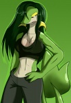 absurd_res annoyed anthro big_breasts blacksen bottomwear breasts clothing female generation_5_pokemon green_background green_body green_hair hair hand_on_hip hi_res long_hair nintendo pants pokemon pokemon_(species) pokemorph red_eyes shirt simple_background snivy solo standing tail tank_top topwear