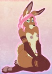 abstract_background anatomically_inaccurate anatomically_inaccurate_pawpads anthro biped breasts brown_body brown_fur claws female fur hair heterochromia hindpaw hotpie kneeling lagomorph leporid looking_at_viewer mammal nipples nude pawpads paws pink_hair rabbit simple_background sitting solo toe_claws