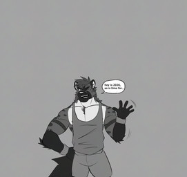 anthro clothed clothed_anthro clothed_male clothing growth growth_sequence male muscle_growth muscular renzakart hyena mammal spotted_hyena greyscale monochrome