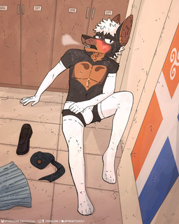 absolute_territory anthro armwear beret black_body black_fur blue_eyes blush blushing_profusely bodily_fluids bottomwear breath brown_body brown_fur bulge clothed clothing countershade_torso countershading discarded_clothing discarded_footwear discarded_skirt elbow_gloves exhausted flag footwear fur gloves hair handwear hat headgear headwear legwear locker locker_number locker_room male male_anthro military military_beret military_cap military_uniform open_mouth shoes shoes_removed sitting sitting_on_ground skirt socks solo spread_legs spreading stockings sweat sweaty_armpit sweaty_face teeth thigh_highs topless topless_anthro topless_male underwear uniform wall_(structure) white_clothing white_hair white_underwear frencore kaspar_(kaspar_doberman) canid canine canis dobermann domestic_dog mammal pinscher 4:5 absurd_res digital_media_(artwork) hi_res watermark