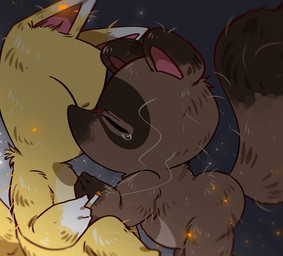 anthro brown_body brown_fur cigarette duo embers fur kissing male male/male nude orange_body orange_fur slightly_chubby smoking shandrawaka animal_crossing nintendo crazy_redd tom_nook_(animal_crossing) canid canine fox mammal raccoon_dog tanuki hi_res