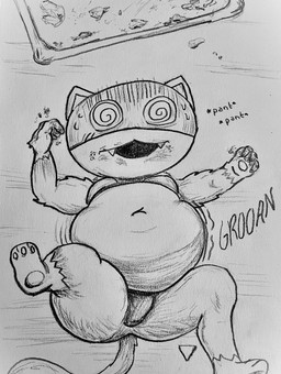 abdominal_bulge anthro bloated breasts breath bulge dizzy dizzy_eyes fangs food food_tray fur groan groaning_belly lying male mask mask_only messy_eater moobs navel nude nude_anthro obese obese_anthro on_back open_mouth overeating overweight overweight_anthro panting pawpads paws raised_leg simple_background solo spiral spiral_eyes spread_legs spreading stuffing tail teeth text wearing_mask weight_gain blubberbuck persona_(series) persona_5 morgana_(persona) domestic_cat felid feline felis mammal tuxedo_cat 2025 hi_res monochrome shaded traditional_media_(artwork)