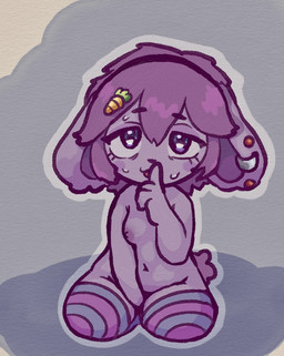 accessory ambiguous_gender anthro blue_eyes ear_piercing ear_ring female hair_accessory hairpin kemono nipples piercing purple_body ring_piercing solo young young_anthro young_female dokemo animal_humanoid humanoid lagomorph leporid mammal rabbit colored hi_res shaded traditional_media_(artwork)