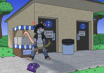 anthro bathroom biped bodily_fluids bottomwear clothed clothing desperation diaper door exposed_diaper feces genital_fluids grass heart_symbol iconography male male_anthro onomatopoeia outside pantsless partially_clothed peeing plant pooping public_restroom relieved shirt shorts soiled soiled_diaper soiling soiling_diaper solo sound_effects tail text topwear trash_can tree unclean_diaper urine used_diaper using_diaper ritzcat american_opossum mammal marsupial 2024 english_description english_text hi_res