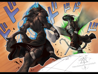 anthro asian_clothing barefoot black_bars clothed clothing duo east_asian_clothing feet fur japanese_clothing jojo_pose katana kimono male male/male melee_weapon parody paws pole spread_wings sword tail weapon wings kredri jojo's_bizarre_adventure menacing_approach mythology stardust_crusaders dragon mammal mythological_creature mythological_scalie scalie sergal letterbox meme