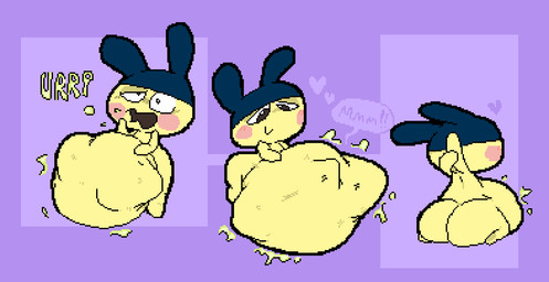 ambiguous_gender ambiguous_humanoid ambiguous_pred arched_back belly belly_on_ground belly_reduction big_belly big_butt big_ears biped bloated blush blush_lines bodily_noises burping butt butt_expansion cheek_spots closed_smile constricted_pupils digestion expansion featureless_arms featureless_legs fully_inside half-closed_eyes hand_on_belly hand_on_own_belly hands_behind_head heart_reaction heart_symbol huge_belly huge_butt humanoid_pred kneeling kneeling_on_ground looking_at_belly looking_at_own_belly looking_at_self looking_down looking_down_at_belly looking_down_at_self motion_lines mouth_closed mph! muffled narrowed_eyes noseless not_furry one_eye_half-closed open_mouth post_vore_weight_gain pupils purple_background rear_view rumbling_stomach same_size_vore seiza short_legs simple_background sitting sitting_on_ground small_pupils smile soft_vore solo sound_effects standing struggling struggling_prey three-quarter_view unseen_prey vore vowelless vowelless_vocalization weight_gain yellow_body yellow_skin meatcanister tamagotchi mametchi humanoid tamagotchi_(species) 2026 digital_media_(artwork) english_description full-length_portrait hi_res pixel_(artwork) portrait male_(lore)