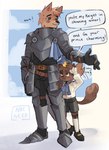 age_difference anthro clothed clothing cosplay costume duo fully_clothed knight male male/male prince royalty size_difference text warrior young young_anthro young_male nocneko coco_(nocneko) mr._graham_(nocneko) canid canine felid feline mammal absurd_res english_text hi_res