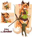 2_tails ahoge anthro archer archery arrow_(weapon) biped blush bottomwear bow_(weapon) breasts brown_ears clothed clothing collar curvy_figure diamond_(marking) ear_piercing female fingerless_gloves fingers fur furniture gloves hair handwear heart_symbol hourglass_figure hunter lidded_eyes long_hair looking_at_viewer lying markings multi_tail multicolored_body orange_body orange_eyes orange_fur orange_hair pawpads piercing plushie quiver_(object) ranged_weapon simple_background smile smiling_at_viewer solo standing tail topwear weapon white_background white_body white_fur jasminthemanticore lisa_(jasminthemanticore) canid canine fox human mammal red_fox true_fox 2022 absurd_res digital_media_(artwork) full-length_portrait hi_res multiple_images portrait