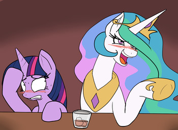alcohol bar beverage blush bodily_fluids crown drunk duo embarrassed female feral food fur glass hair headgear horn jewelry multicolored_hair necklace open_mouth princess purple_body purple_eyes purple_fur purple_hair royalty smile substance_intoxication sweat teeth tongue two_tone_hair whiskey reiduran friendship_is_magic hasbro my_little_pony mythology princess_celestia_(mlp) twilight_sparkle_(mlp) equid equine mammal mythological_creature mythological_equine unicorn 2013