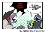 4_fingers anthro armor bone bouquet crystal dialogue duo fangs female fingers gem greeting hair holding_object interrupted_speech knight male messy_hair purple_body purple_scales red_eyes scales skull teeth text tongue warrior teaspoon mythology dragon human mammal mythological_creature mythological_scalie scalie 2021 comic digital_drawing_(artwork) digital_media_(artwork)