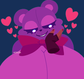 anthro big_breasts bow_tie breasts clothing disembodied_hand duo eyelashes female fingerless_gloves fingernails front_view gloves grin half-closed_eyes handwear heart_symbol huge_breasts nails narrowed_eyes plushie purple_body round_ears simple_background smile text transparent_background cocoaberry lovedoll_toy_factory teddibear_(gremlingrounded) animate_inanimate bear living_plushie mammal 2026 alpha_channel artist_name digital_drawing_(artwork) digital_media_(artwork) hi_res icon lineless