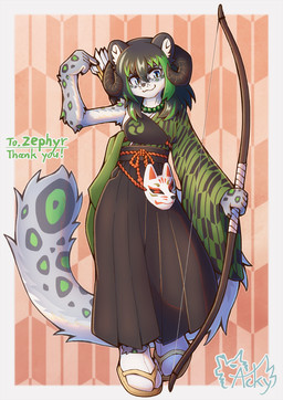 5_fingers animal_mask anthro asian_clothing biped bow_(weapon) clothed clothing east_asian_clothing fingers fox_mask fur grey_body grey_fur hair holding_bow_(weapon) holding_object holding_ranged_weapon holding_weapon horn japanese_clothing kemono male mask ranged_weapon solo tail weapon acky05 felid mammal pantherine snow_leopard hi_res