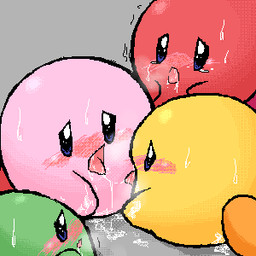 ambiguous_gender blush bodily_fluids breath drooling grey_background group not_furry open_mouth saliva saliva_string simple_background steam sweat tongue tongue_out unknown_artist kirby_(series) nintendo keeby kirby waddling_head 1:1 aliasing digital_media_(artwork) low_res oekaki