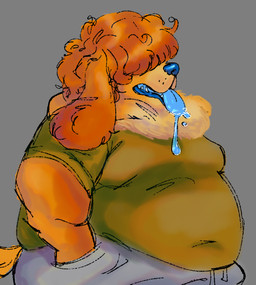 anthro belly blue_tongue bodily_fluids clothed clothing drooling fluffy male overweight overweight_male profanity saliva solo text tongue catponything muffin_(catponything) canid canine canis chow_chow domestic_dog mammal mixed_breed spitz english_text hi_res