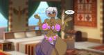 anthro bear big_breasts blue_eyes breasts brown_body brown_fur cleavage clothed clothing dancing female fur hair huge_breasts jewelry mammal mastergodai naomi_(mastergodai) panties skimpy solo thick_thighs translucent translucent_clothing underwear white_hair wide_hips