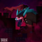 anthro city city_background city_crushing city_destruction cityscape claws fangs fur glowing glowing_eyes male multicolored_body multicolored_fur open_mouth red_eyes solo teeth mattiyyah_lion bat kaiju mammal monster 1:1 hi_res