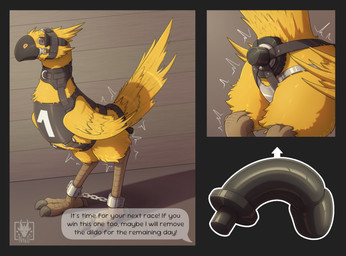 anal anal_penetration bdsm blinders chain chastity_device dildo dildo_in_ass dildo_insertion eyewear feathers feral harness male muzzle_(object) muzzled object_in_ass penetration sex_toy sex_toy_in_ass sex_toy_insertion solo standing strapped_in_toy tail wings n1k0 final_fantasy square_enix avian chocobo hi_res