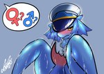 anthro blue_body blue_hair blush bodily_fluids clothing fish_tail hair hat headgear headwear looking_at_viewer mouth_closed sweat yellow_eyes young megi konami yu-gi-oh! fur_hire helmer_helmsman_fur_hire duel_monster marine hi_res