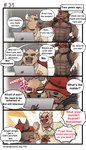 anthro clothed clothing clothing_lift dialogue hat headgear headwear male nipple_piercing nipples piercing text h155296 gym_pals boss_(gym_pals) manager_(gym_pals) bovid bovine canid canine canis cattle mammal wolf 4:7 comic english_text hi_res