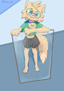 anthro bell bell_collar bottomwear clothing collar crop_top erection erection_under_clothing erection_under_skirt eyewear femboy fluffy fluffy_tail glasses jewelry male shirt skirt solo standing tail topwear kecuxa canid canine fox mammal absurd_res hi_res