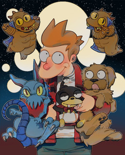 blue_cape blue_clothing cape clothing group hair jacket male orange_hair red_cape red_clothing red_jacket red_topwear smile tongue tongue_out topwear banhaibao2 comedy_central futurama mr._peppy nibbler philip_j._fry seymour_asses alien bone_vampire canid canine canis domestic_dog human mammal nibblonian