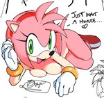 accessory anthro areola boots bracelet breasts clothing female footwear gloves green_eyes hair_accessory hairband handwear jewelry looking_at_viewer mostly_nude nipples open_mouth open_smile shoes smile solo text watatanza sega sonic_the_hedgehog_(series) amy_rose eulipotyphlan hedgehog mammal english_text