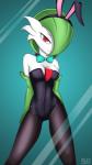 bow_(feature) bow_tie breasts bunny_costume cleavage clothed clothing costume female gloves hair handwear legwear leotard looking_at_viewer not_furry pose red_eyes shirt_collar simple_background smile solo standing stockings rilex_lenov nintendo pokemon midori_(rilex_lenov) gardevoir generation_3_pokemon mammal pokemon_(species) 2016 9:16 hi_res pinup