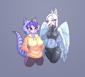 anthro big_breasts black_bottomwear black_clothing black_crop_top black_pants black_shirt black_topwear blue_body bone_frill bottomwear breasts clothed clothed_anthro clothed_female clothing collar crop_top duo elbow_feathers eyes_closed facial_horn feathered_wings feathers female fingers frill_(anatomy) front_view grey_background grey_body grey_feathers grey_hair hair happy hoodie horn humanoid_hands laugh long_hair markings medium_breasts midriff navel non-mammal_breasts non-mammal_navel open_mouth open_smile pants purple_body purple_eyes purple_hair shirt short_hair simple_background smile spiked_collar spikes spots spotted_markings striped_markings stripes tail topwear torn_bottomwear torn_clothing torn_pants wings yellow_clothing yellow_hoodie yellow_topwear alexsavenije cavemanon_studios goodbye_volcano_high ko_op_(game_developer) snoot_game fang_(gvh) trish_(gvh) ceratopsian ceratopsid chasmosaurine dinosaur marginocephalian ornithischian prehistoric_species pterosaur reptile scalie triceratops colored hi_res portrait three-quarter_portrait