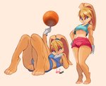 4_toes 5_fingers accessory anthro ball barefoot basketball_(ball) basketball_uniform blonde_hair bottomwear breasts buckteeth butt clothed clothing feet female fingers floppy_ears fur gloves hair hair_accessory hairband half-closed_eyes handwear lying midriff narrowed_eyes on_back pink_nose shirt short_hair shorts simple_background smile solo sportswear standing tank_top teeth toes topwear under_boob uniform white_background nagainosfw looney_tunes warner_brothers lola_bunny lagomorph leporid mammal rabbit 2021 absurd_res hi_res signature